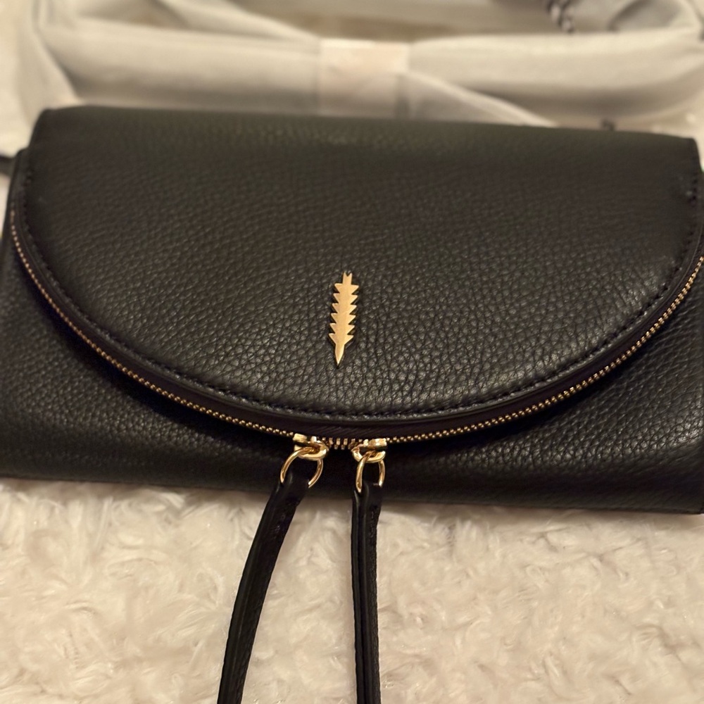 Thacker-Black and Gold Leather Clutch with Curved Flap NWT